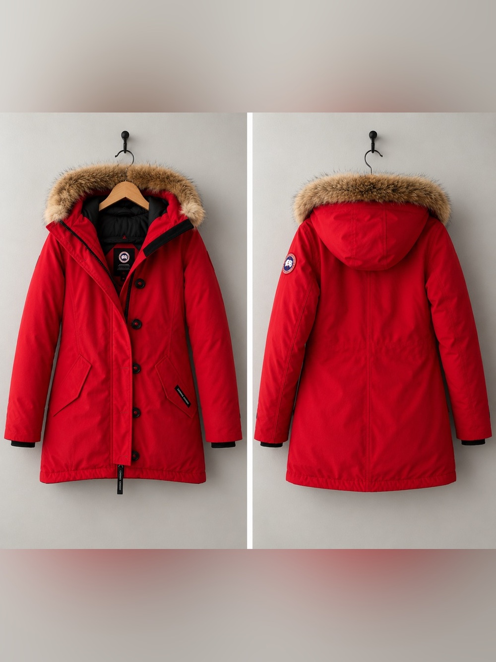 Canada Goose-style Women's Red Parka Jacket with Fur Hood